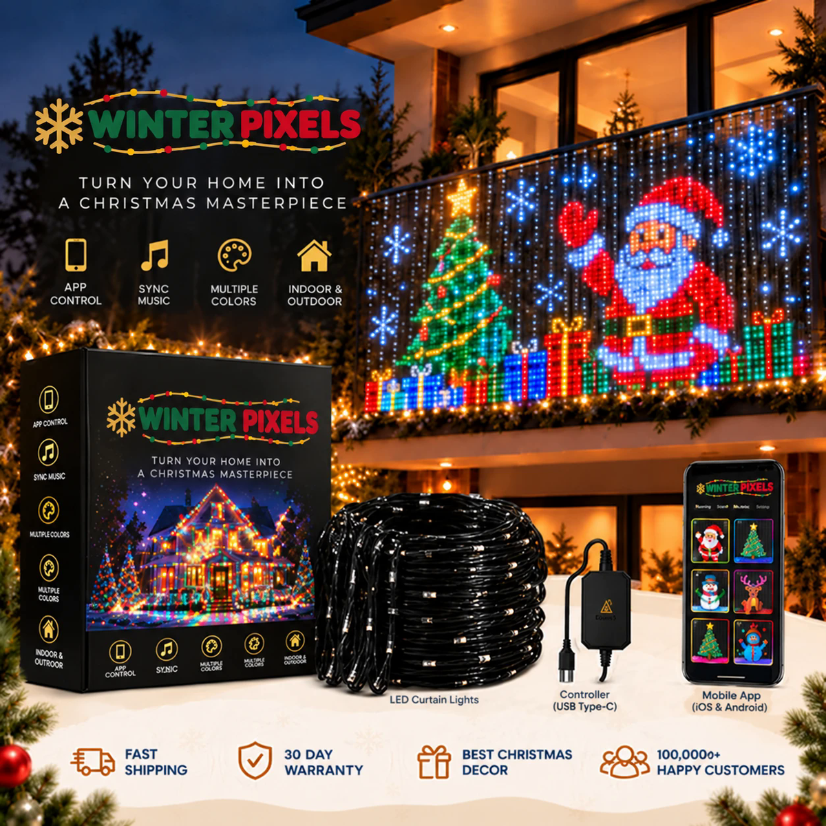 Winter Pixels smart LED curtain lights showing Santa on a balcony