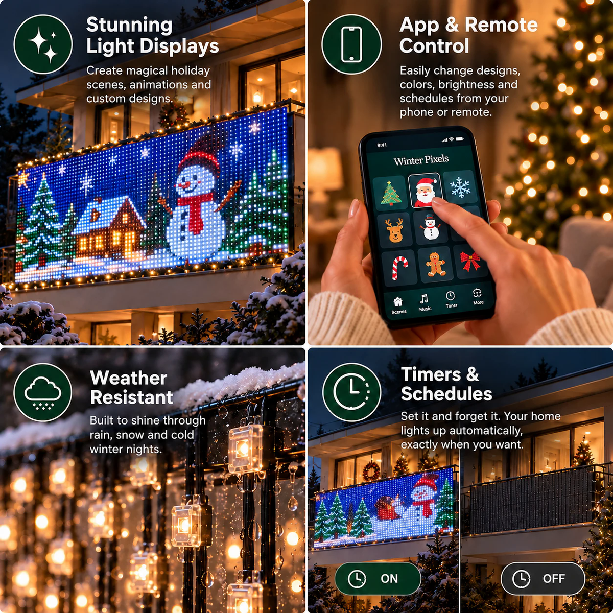 Light displays, app control, weather resistance and timers