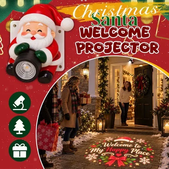 Winter Pixels Santa welcome projector lighting up a festive entrance