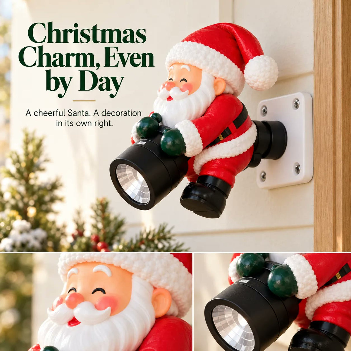 Cheerful Santa figure decorates the wall by day